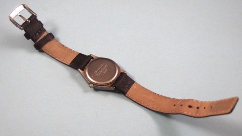 Nach einem Bad in Wasserstoffperoxid ist das Leder-Uhrband geruchsfrei. Ein Uhren-Lederarmband liegt auf einem hellen Untergrund, während Wasserstoffperoxid zur Geruchsneutralisation bereitsteht.