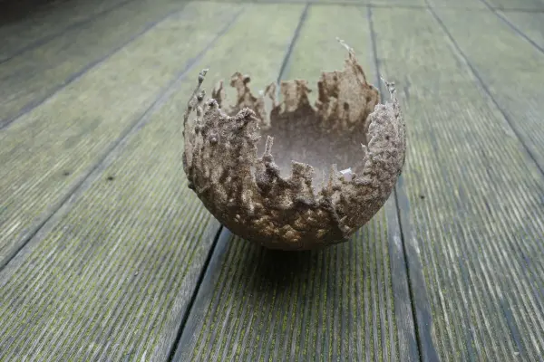 Eine zerbrochene Sandschale steht auf einem Holzfußboden, umgeben von natürlichem Licht und vermittelt handwerkliche Kreativität.