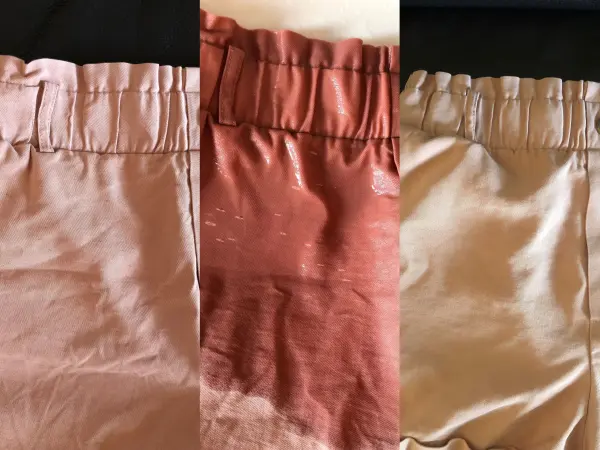 Die Flecken auf der Hose sind Fettflecken, die beim normalen Waschen nicht rausgegangen sind. Nachdem ich sie mit Rasiercreme behandelt habe, waren die Flecken weg. 
