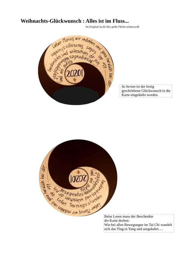 Auf diesem Bild wird erkl&auml;rt, wie der Beschenkte die Karte drehen muss, um den Weihnachtswunsch lesen zu k&ouml;nnen.