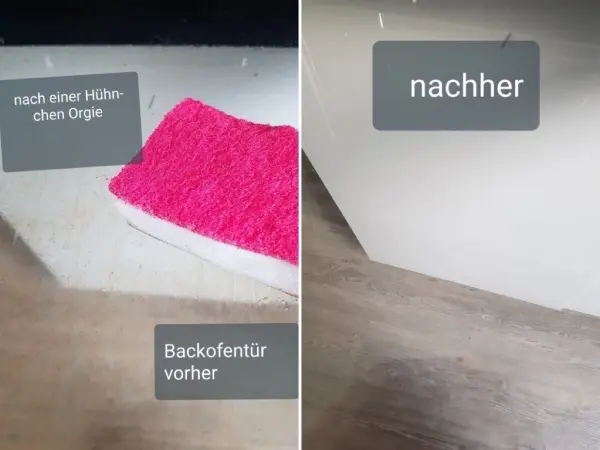 Hier sieht man einen Vorher-Nachher-Vergleich der Backofentür. Der Schmutzradierer hat gute Arbeit geleistet.