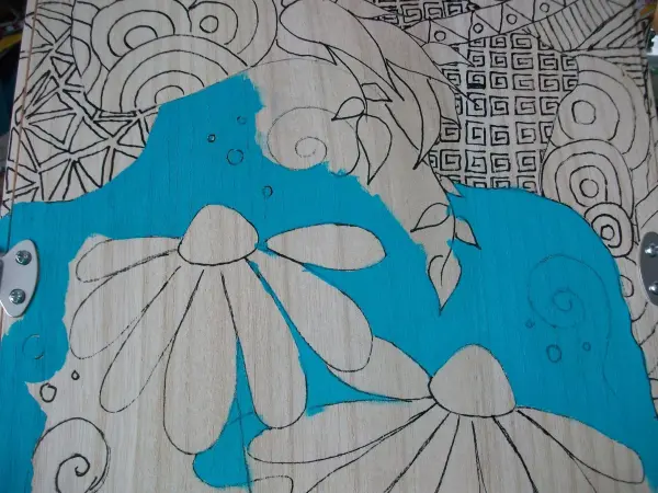 Nun das Au&szlig;endesign mit einem schwarzen Acrylstift vorgezeichnet, dann erst den Hintergrund und dann den Rest mit Acryl bemalt.