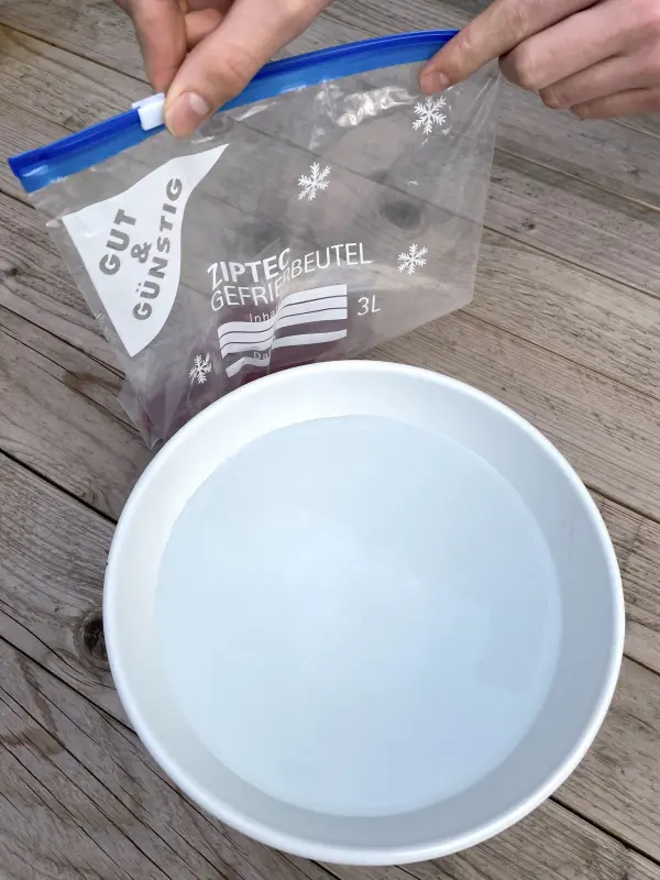 Wenn man das zu vakuumierende Lebensmittel in den Gefrierbeutel gegeben hat, muss den Verschluss bis auf einen ca. 2 cm gro&szlig;en Spalt schlie&szlig;en.