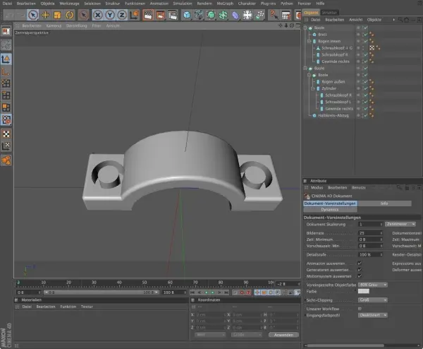 Die Halbschelle, wie ich sie in meinem 3D-Programm nachgebaut habe. Allerdings hatte ich ein paar Schwierigkeiten damit, die Bohrl&ouml;cher zu konstruieren, weil sie aus zwei Hohlzylindern bestehen, je einer f&uuml;r Schraubkopf und Gewinde. 