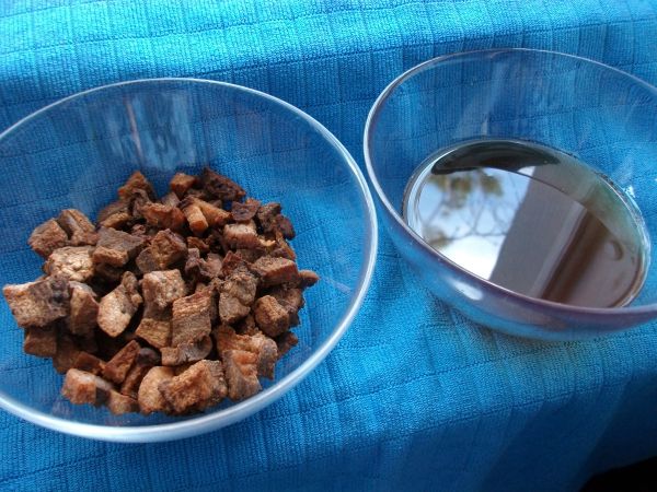 Hier seht ihr den ausgelassenen Speck, diesen nennt man nun Grieben. Auch das Fett habe ich aufgefangen.