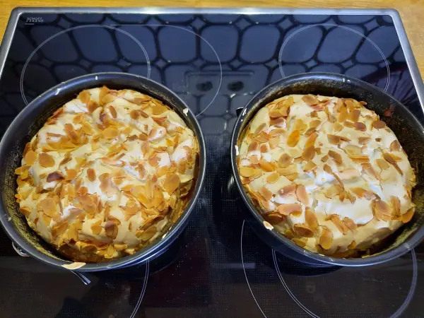 Frisch gebackene Tortenböden mit goldbraunem Mandelplättchen in zwei Springformen auf einem Ceranfeld. Frisch gebackene Tortenböden mit goldbraunem Mandelplättchen in zwei Springformen auf einem Ceranfeld.