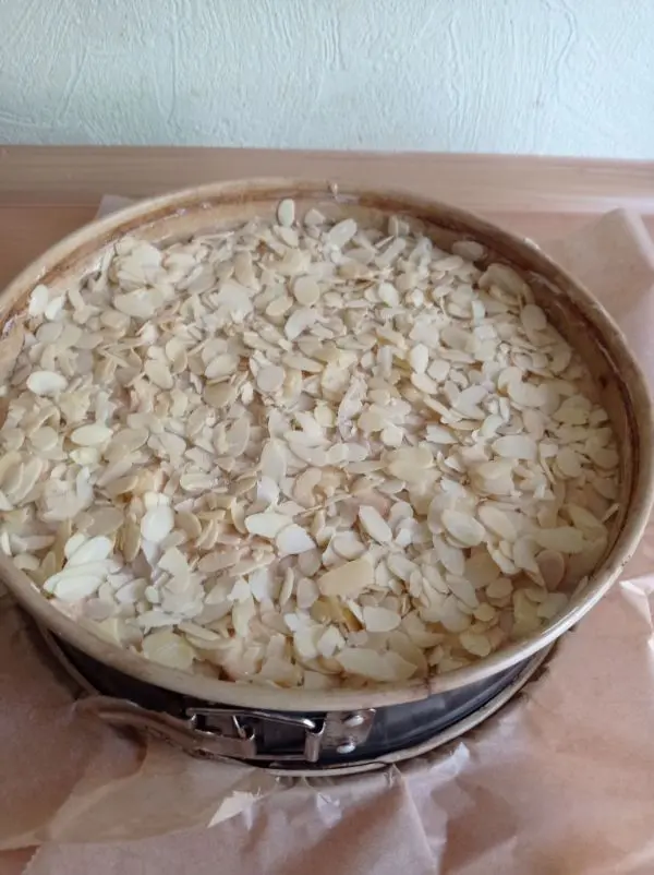 Bevor die Form in den Backofen geschoben wird, bestreut man den Kuchen noch mit reichlich gehobelten Mandeln. Bevor die Form in den Backofen geschoben wird, bestreut man den Kuchen noch mit reichlich gehobelten Mandeln.