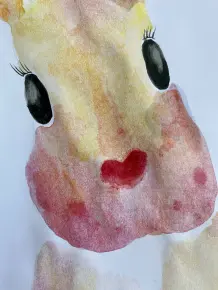 Ich habe mich so von den Ohren nach unten gearbeitet, die Augen dabei aussparen, die &bdquo;Nase&ldquo; und die B&auml;ckchen habe ich eher r&ouml;tlich gehalten. Wenn ihr mit den Farben und den Grund-Hasen zufrieden seid, das Bild gut trocknen lassen.