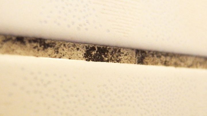 Eine verf&auml;rbte Silikonfuge zeigt Schimmel, der zwischen zwei wei&szlig;en Wandfl&auml;chen auftritt, was eine h&auml;ufige Herausforderung darstellt.