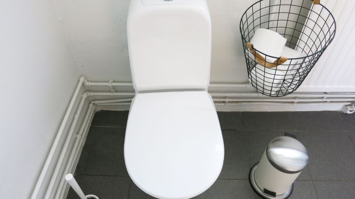 Ein modernes, wei&szlig;es WC steht in einem schlicht gestalteten Raum, daneben befinden sich eine Abfallkammer und eine Toilettenb&uuml;rste.