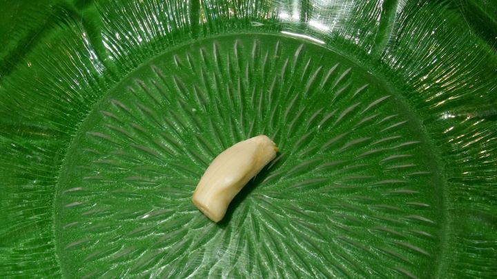 Eine gr&uuml;ne Salatsch&uuml;ssel hat eine Knoblauchzehe in der Mitte, bereit zum Einreiben f&uuml;r zus&auml;tzlichen Geschmack.