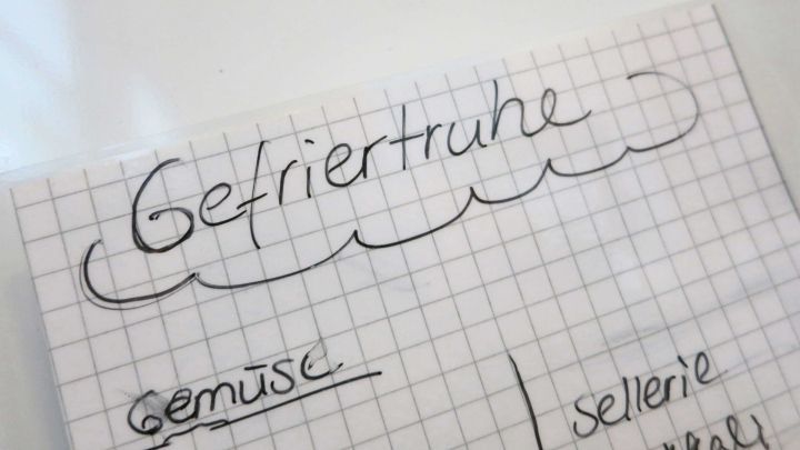 Eine handgeschriebene Liste zu "Gefriertruhe" zeigt auf, was dort aufbewahrt werden kann, wie Gem&uuml;se und andere Nahrungsmittel.