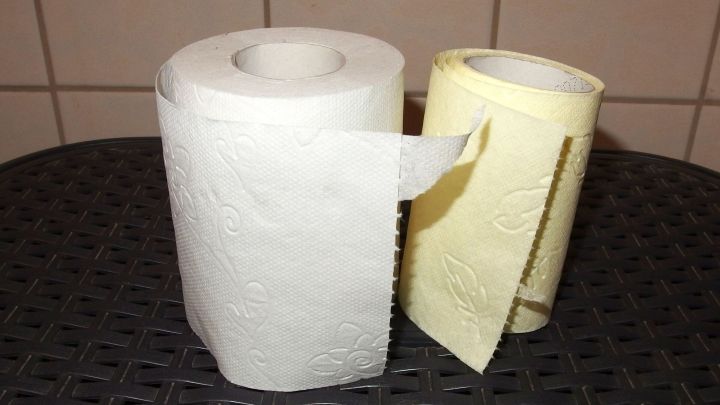 Zwei Rollen Toilettenpapier stehen nebeneinander auf einem dunklen, geflochtenen Untergrund, bereit zur Benutzung.