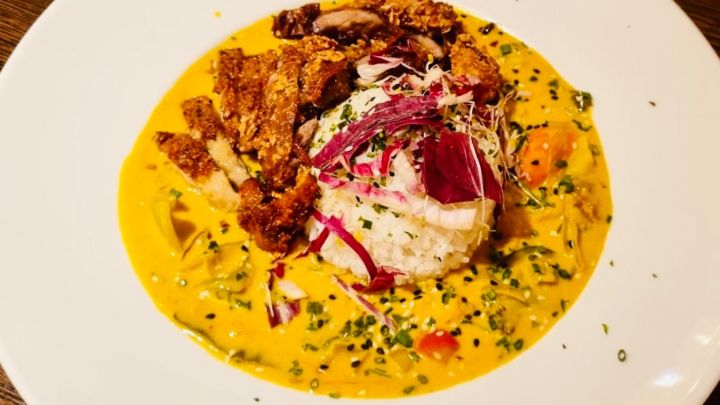 Zur Curryso&szlig;e: Auf dem Teller umh&uuml;llt die cremige Sauce Reis und gew&uuml;rzte Fleischstreifen, dazu frische Kr&auml;uter und Gem&uuml;se.