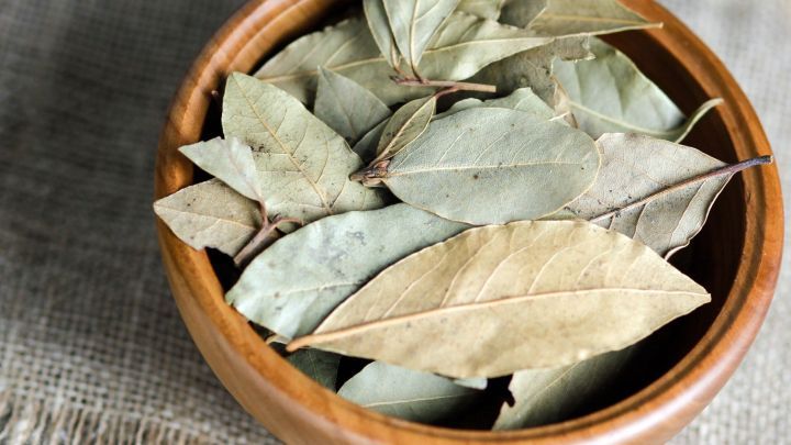 Eine Sch&uuml;ssel mit getrockneten Lorbeerbl&auml;ttern steht auf einem rauen, naturfarbenen Stoff. Sie vermittelt einen frischen Duft zur Beseitigung von Fischgeruch.