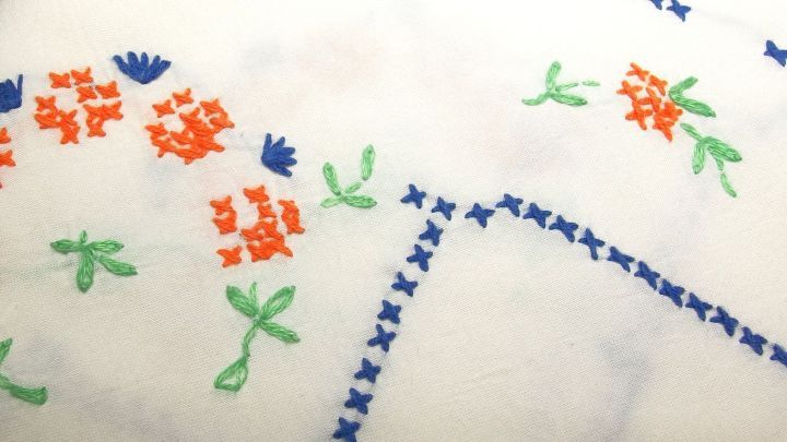 Ein gesticktes Tuch mit bunten Blumenmotiven wird auf einem Tisch gezeigt, um Fettflecken zu demonstrieren.