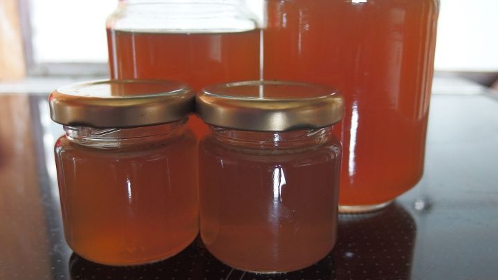 Bunte Gl&auml;ser mit Quittengelee stehen auf einer dunklen Tischoberfl&auml;che, bereit zur Verkostung oder zum Verschenken.