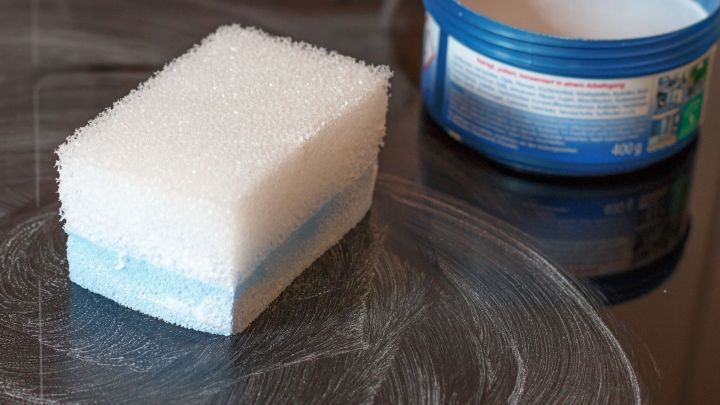 Ein Putzstein liegt neben einem Schwamm auf einem Glaskeramikkochfeld, w&auml;hrend es gereinigt wird.