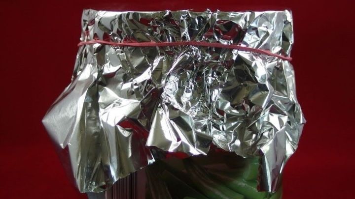 Ein silberner Aluminiumdeckel bedeckt ein mit Gem&uuml;se gef&uuml;lltes Glas, das auf einem roten Hintergrund steht.