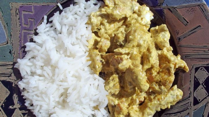 Ein Teller zeigt geschnetzeltes Gericht mit einer cremigen Sauce neben wei&szlig;em Reis auf einem bunten, runden Teller.