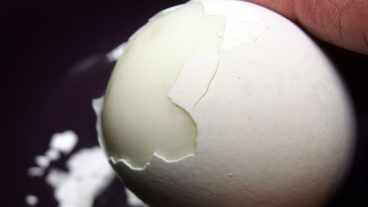 Ein handgehaltenes, frisch gekochtes Ei mit br&uuml;chiger Schale wird vorsichtig gesch&auml;lt, w&auml;hrend Eierschalenst&uuml;cke daneben liegen.