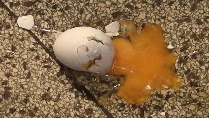Ein kaputtes Ei liegt zerbrochen auf dem K&uuml;chenboden, das Eigelb l&auml;uft heraus und umgeben von Schalenst&uuml;cken.