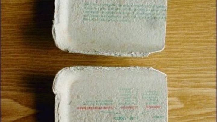 Kartonschalen liegen ge&ouml;ffnet auf Holztisch, beschriftet mit "Frische Eier mit". Sie wirken gebraucht und schlicht.