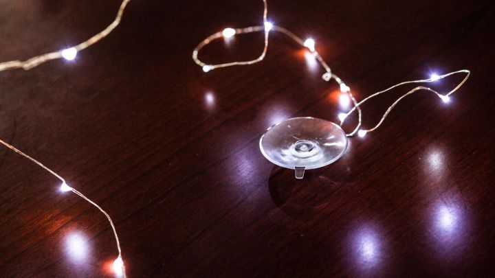 Ein Saugnapf liegt neben einer Lichterkette auf einer dunklen Oberfl&auml;che, wobei die Lichter sanft leuchten und verstreut sind.