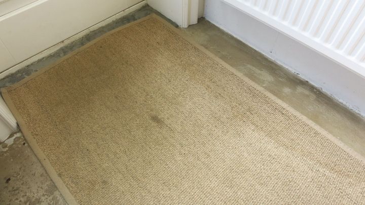 Ein Teppich liegt an der Eingangst&uuml;r, mit einem Fleck sichtbar. Der Boden ist grau und unregelm&auml;&szlig;ig, warmes Licht beleuchtet die Szene.