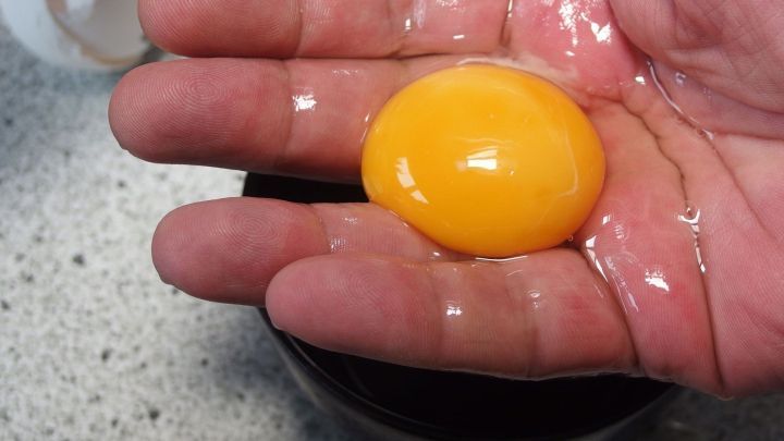 Eine Hand h&auml;lt ein Eigelb, w&auml;hrend das Eiwei&szlig; in eine Sch&uuml;ssel darunter tropft; saubere K&uuml;chensituation.