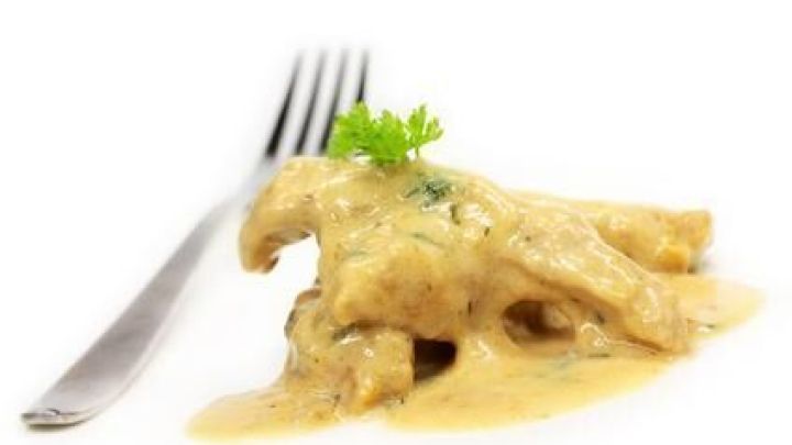 Zarte Putengeschnetzeltes in Estragonsauce liegt auf einem Teller, dekoriert mit Petersilie, neben einer Gabel.