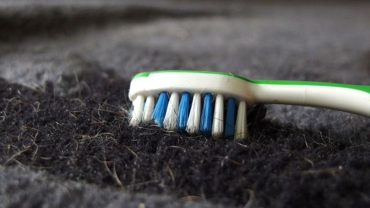 Eine Zahnb&uuml;rste entfernt Haare auf einem Teppich, w&auml;hrend der dunkle Teppich als Hintergrund dient.