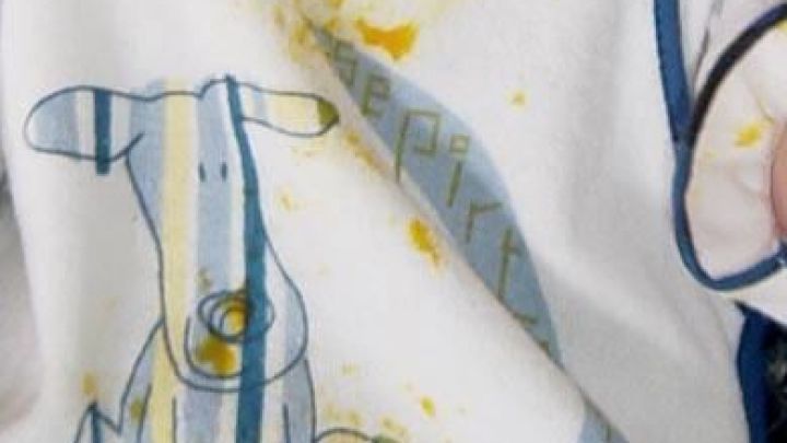 Ein Baby tr&auml;gt ein wei&szlig;es L&auml;tzchen mit Hundemotiv, das gelbe Babybreiflecken aufweist. Das L&auml;tzchen ist mit blauem Rand verziert.