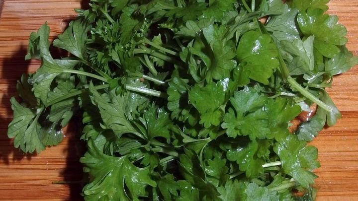 Frische Petersilie liegt auf einem Holzbrett und vermittelt einen gesunden, naturverbundenen Eindruck.