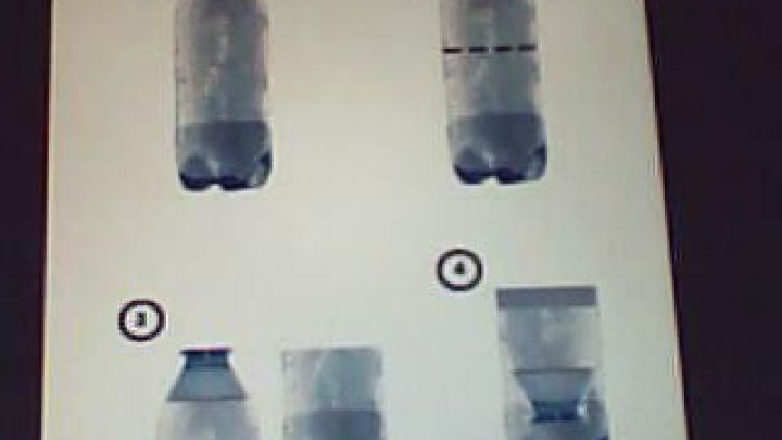 Vier Schritte zur Wespenfalle: Flasche markieren, schneiden, Teile ineinander stecken.