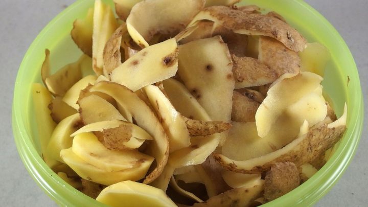 In einer gr&uuml;nen Sch&uuml;ssel liegen Kartoffelschalen, die zur Reinigung von Kachelofen-Fenstern verwendet werden.