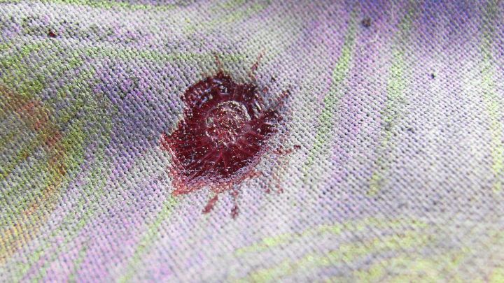 Ein Blutfleck auf einem farbigen Stoff, der auf einem Sofa oder einer Matratze sichtbar ist. Reinigung ist erforderlich.