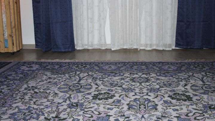 Ein Teppich mit floralen Mustern liegt auf einem glatten Boden, w&auml;hrend vor einem Fenster helles Licht str&ouml;mt.