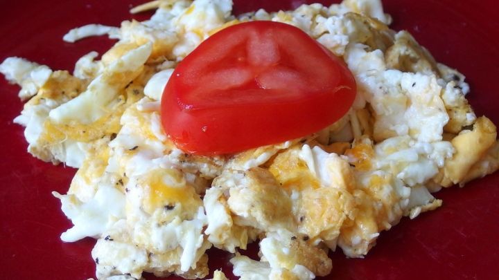 R&uuml;hrei liegt auf einem roten Teller, garniert mit einer Scheibe Tomate, ideal f&uuml;r einen leichten Kater.