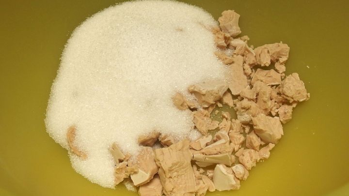 In einer Sch&uuml;ssel liegen Zucker und Hefe, bereit zur schnellen Verarbeitung f&uuml;r Hefeteig.