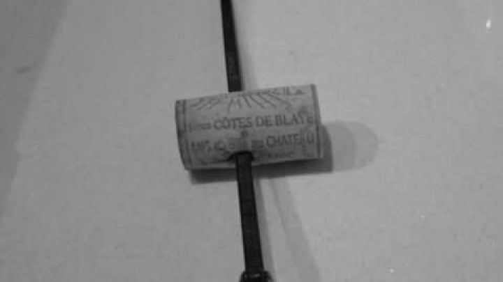 Ein St&ouml;psel wird durch einen Korken an einer langen Stange fixiert, um sicher im Wasser zu schwimmen. Text: "COTES DE BLAYE".