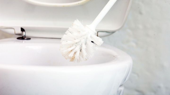Eine Toilettenbürste reinigt die weiße Toilette in einem hellen Badezimmer. Der Fokus liegt auf der Reinigung.