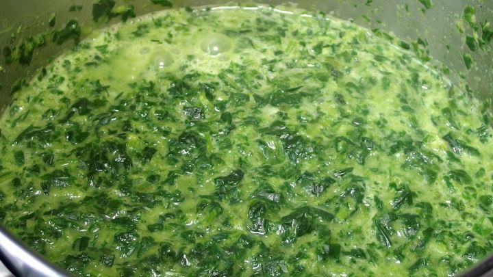 Gr&uuml;ner TK-Rahmspinat k&ouml;chelt in einem Topf und bildet eine s&auml;mige Konsistenz f&uuml;r Singles und kleine Familien.