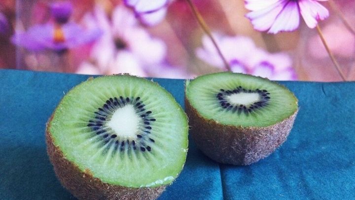 Zwei halbierte, frische Kiwis liegen auf einem blauen Tuch, vor einem verschwommenen, bunten Blumenhintergrund.