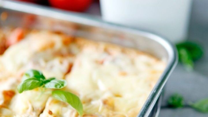 In einer Auflaufform liegt eine k&ouml;stliche Tomaten-Hollandaise-Lasagne, umgeben von frischem Basilikum und roten Tomaten.