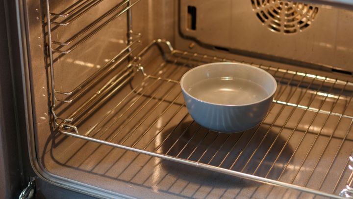 Ein Ofen mit einer Sch&uuml;ssel Wasser darin, die Dampf erzeugt, um angebranntes Fett zu reinigen.