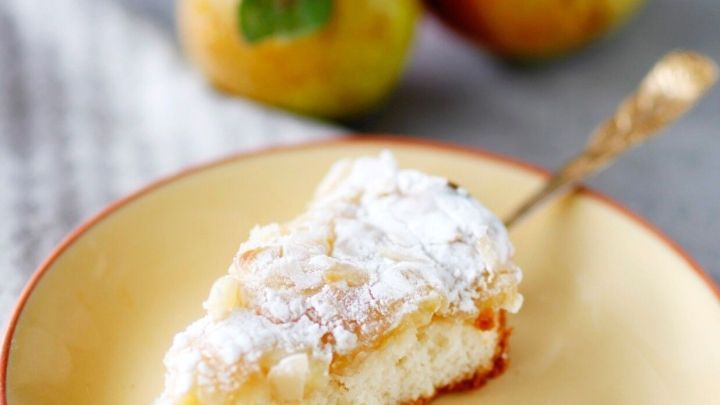 Ein St&uuml;ck Bisquit-Apfelkuchen liegt auf einem gelben Teller, umgeben von frischen &Auml;pfeln und einer Tischdecke.