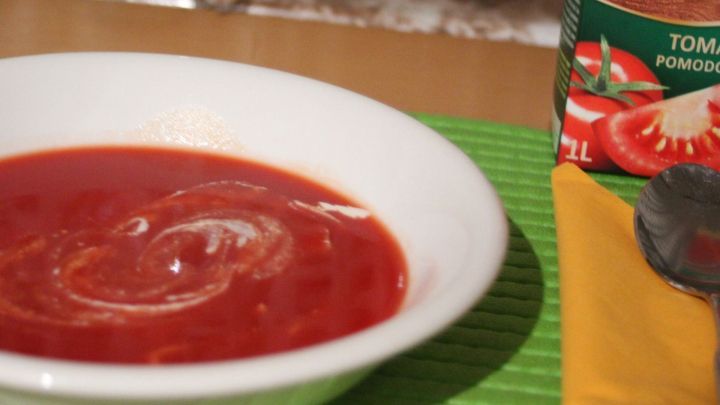 Eine schlichte Schale mit Tomatensuppe steht auf einem gr&uuml;nen Untergrund, w&auml;hrend eine Tomatensauce daneben platziert ist.