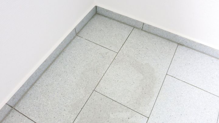 Ein glatter Boden ist leicht verunreinigt und zeigt einen leicht verschmutzten Fleck. Der Raum ist hell und sauber.