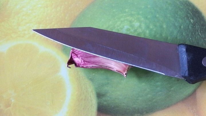 Eine Knoblauchzehe wird mit einem Messer auf einer bunten Unterlage aus Zitrusfr&uuml;chten geschnitten, um das Sch&auml;len zu erleichtern.